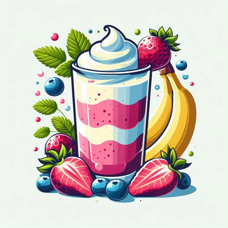 Fruit smoothie with strawberries, blueberries and banana. Vector illustration.のイラスト素材
