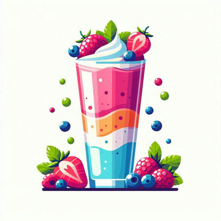Strawberry and blueberry milkshake with whipped cream. Vector illustration.のイラスト素材