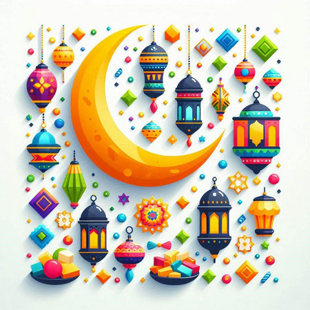 Ramadan Kareem Greeting Card with Colorful Lanterns and Crescent Moonのイラスト素材