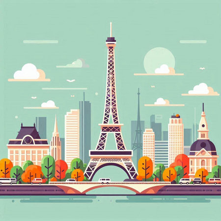 Paris city skyline with Eiffel Tower, Paris France vector illustrationのイラスト素材