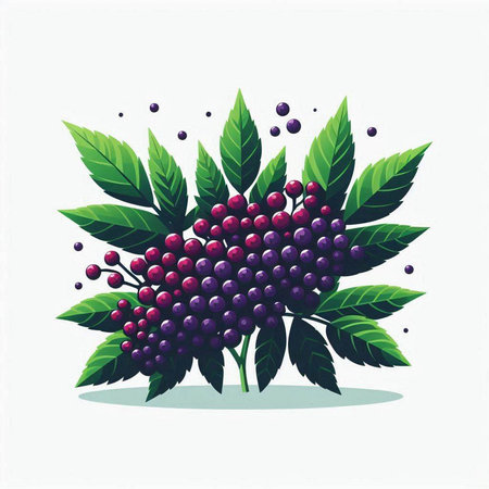 Bunch of black elderberry with green leaves. Vector illustration.のイラスト素材