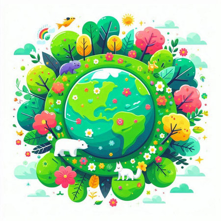 Vector illustration of green planet with flowers and animals on white background.のイラスト素材