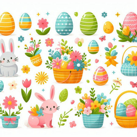 Cute Easter seamless pattern with eggs, bunny, flowers and basket.のイラスト素材
