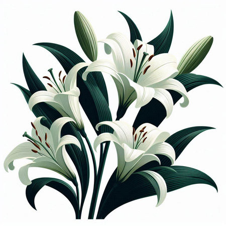 Bouquet of white lilies on a white background. Vector illustrationのイラスト素材