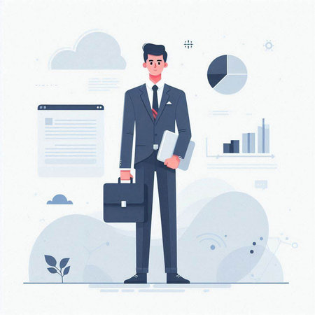 Businessman working with laptop and documents. Vector illustration in flat styleのイラスト素材