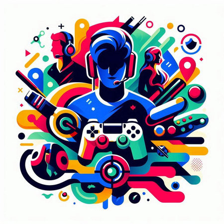 Vector illustration of a young man playing video games. Colorful background.のイラスト素材