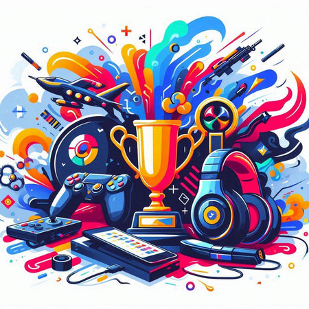 Colorful vector illustration of video games elements on abstract colorful background.のイラスト素材