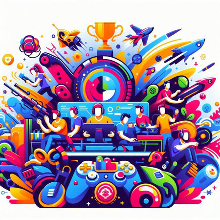 People playing video games. Colorful vector illustration in cartoon style.のイラスト素材