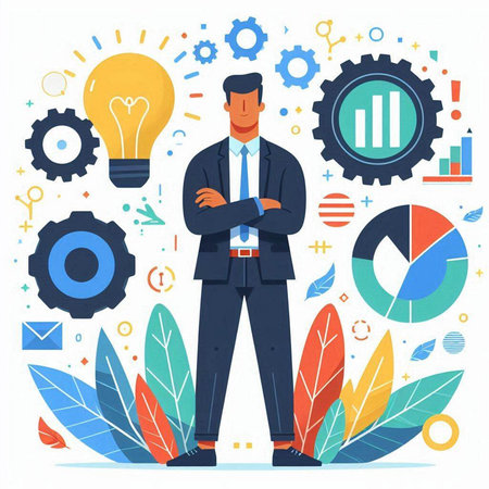 Businessman standing with crossed arms and looking at camera. Vector illustration in flat styleのイラスト素材