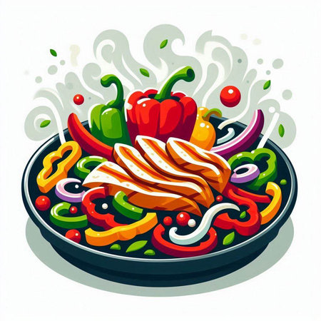 Salmon steak in a frying pan with vegetables. Vector illustration.のイラスト素材