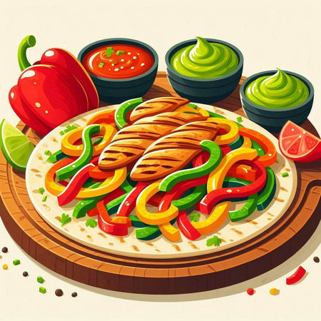 Tasty mexican tacos with grilled chicken, paprika, bell pepper and sauce. Vector illustrationのイラスト素材