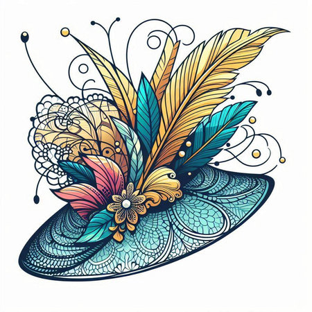 Beautiful hand drawn vector illustration of a hat with feathers and flowers.のイラスト素材
