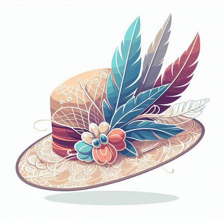 Vintage hat with feathers and flowers on white background. Vector illustration.のイラスト素材