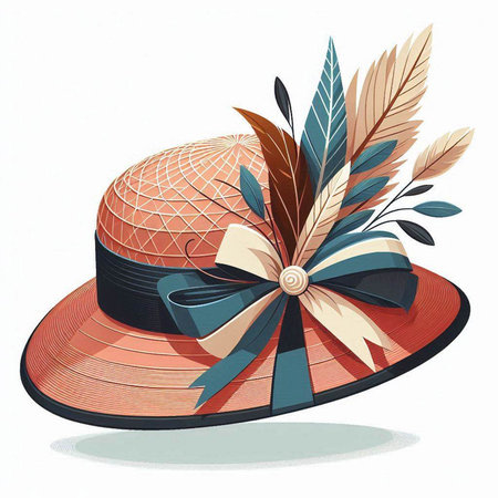 Women's hat with a bow and feathers on a white background.のイラスト素材