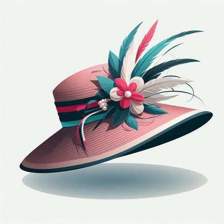 Illustration of a hat with feathers and flowers on a white backgroundのイラスト素材