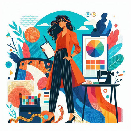 Fashion designer woman working at office. Vector illustration in flat styleのイラスト素材