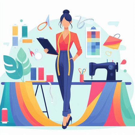Sewing workshop flat vector illustration. Female fashion designer standing in front of the sewing machine.のイラスト素材