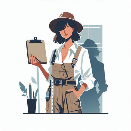 Vector illustration of a woman in a hat and overalls holding a clipboard.のイラスト素材