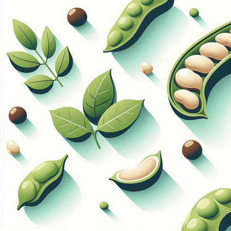 Set of soy beans with leaves and seeds in cartoon style. Vector illustration.のイラスト素材