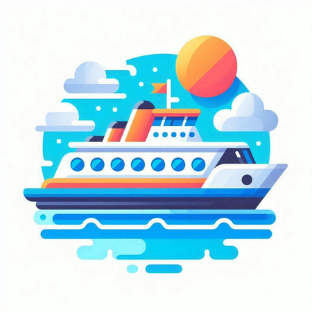 Cruise ship on the sea. Vector illustration in flat style.のイラスト素材