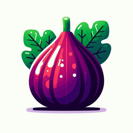 Purple fig fruit with leaves. Vector illustration in cartoon style.のイラスト素材