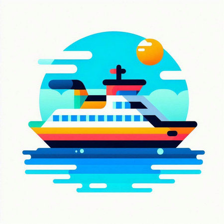 Cruise ship in the sea. Vector illustration in flat style.のイラスト素材