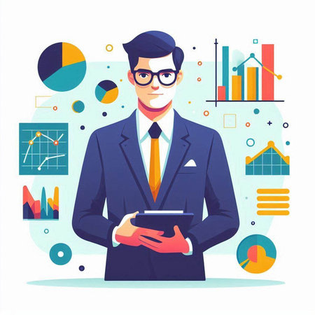 Businessman with tablet in hands. Vector illustration in flat style.のイラスト素材