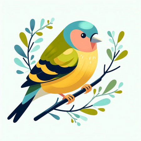 Vector illustration of a cute bullfinch on a branch with leaves.のイラスト素材