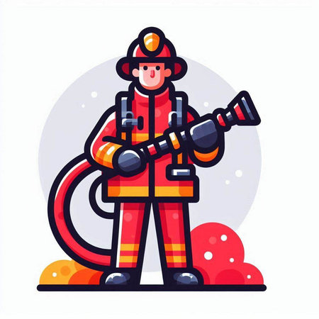 Firefighter with hose and fire extinguisher. Flat vector illustration.のイラスト素材