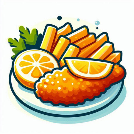 Fried fish fillet with french fries and lemon. Vector illustration.のイラスト素材