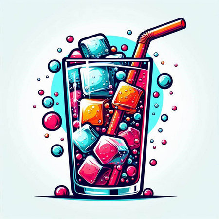 Cocktail with ice cubes and straw in glass. Vector illustration.のイラスト素材