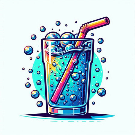 Cocktail with ice, straw and bubbles. Vector illustration.のイラスト素材