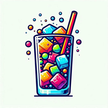 Cocktail glass with ice cubes and straw. Vector illustration.のイラスト素材