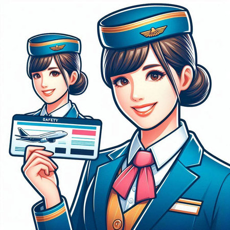 Air hostess in uniform holding boarding pass ticket. Vector illustration.のイラスト素材