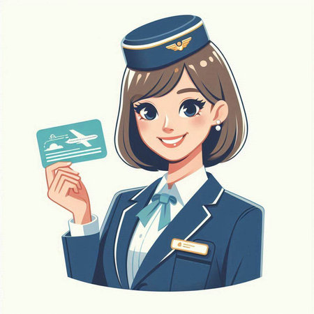 Airline stewardess holding a boarding pass. Vector illustration.のイラスト素材