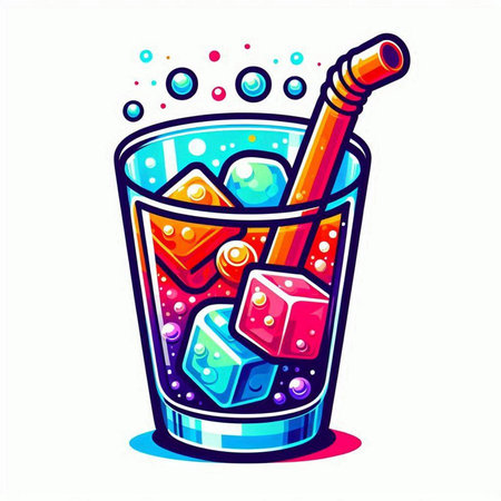 Cocktail with ice cubes and straw in glass. Vector illustration.のイラスト素材