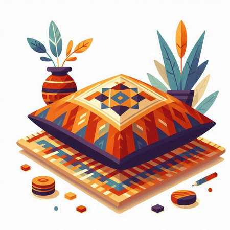 Vector isometric illustration of a stylized arabic carpet with geometric pattern.のイラスト素材