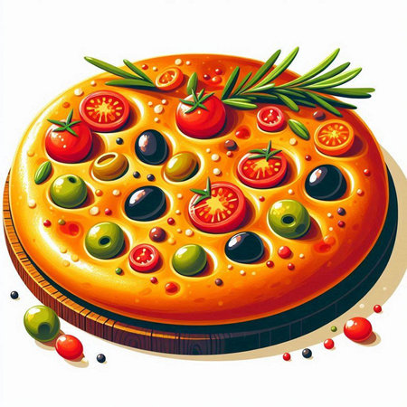 Pizza with olives and tomatoes on a white background. Vector illustrationのイラスト素材