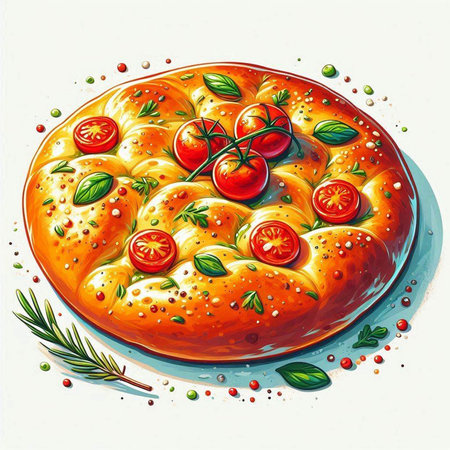 Illustration of a fresh baked tomato pie with herbs and spices.のイラスト素材