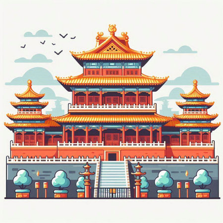 Ancient Chinese architecture and buildings. Vector illustration in flat cartoon style.のイラスト素材