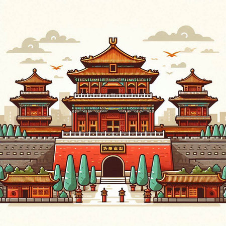 Vector illustration of a Chinese temple with a lot of buildings and birdsのイラスト素材