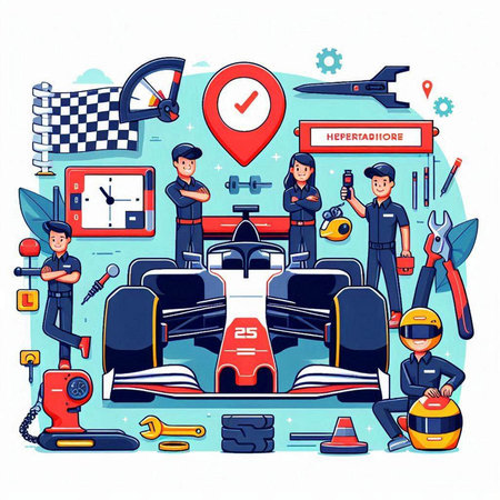 Auto repair service. Auto mechanic, mechanic, racer, mechanic, mechanic, repairman. Vector illustrationのイラスト素材