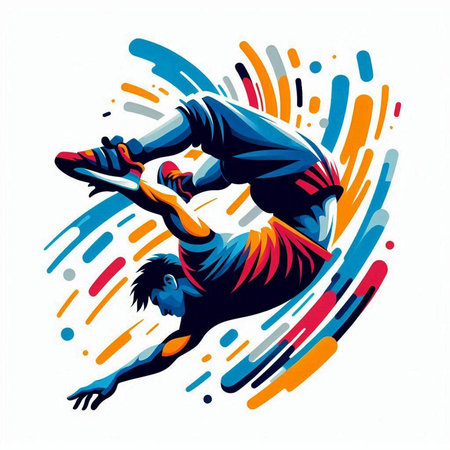 Abstract vector illustration of a male athlete doing handstand against a colored backgroundのイラスト素材