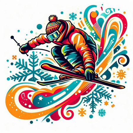 Vector illustration of a snowboarder skiing in the mountains. Winter sport.のイラスト素材