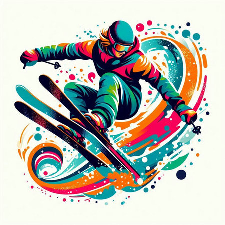 Vector illustration of snowboarder jumping on colorful background with grunge elementsのイラスト素材