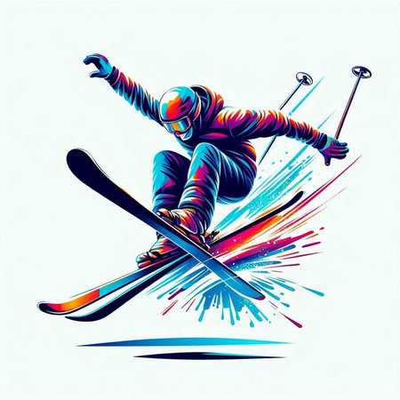 Vector illustration of a skier jumping with skis in action.のイラスト素材