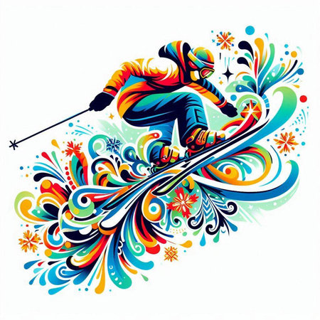 Vector illustration of skier jumping from a snowboard with colorful ornamentのイラスト素材