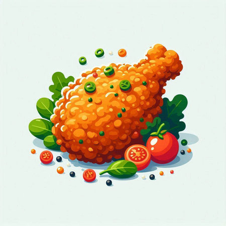 Illustration of fried chicken leg with vegetables on a white background.のイラスト素材