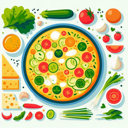 Vegetarian pizza with ingredients. Vector illustration in flat style.のイラスト素材