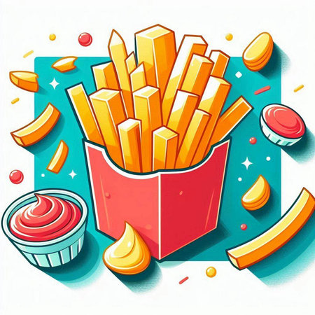 Illustration of french fries with ketchup and mayonnaise.のイラスト素材